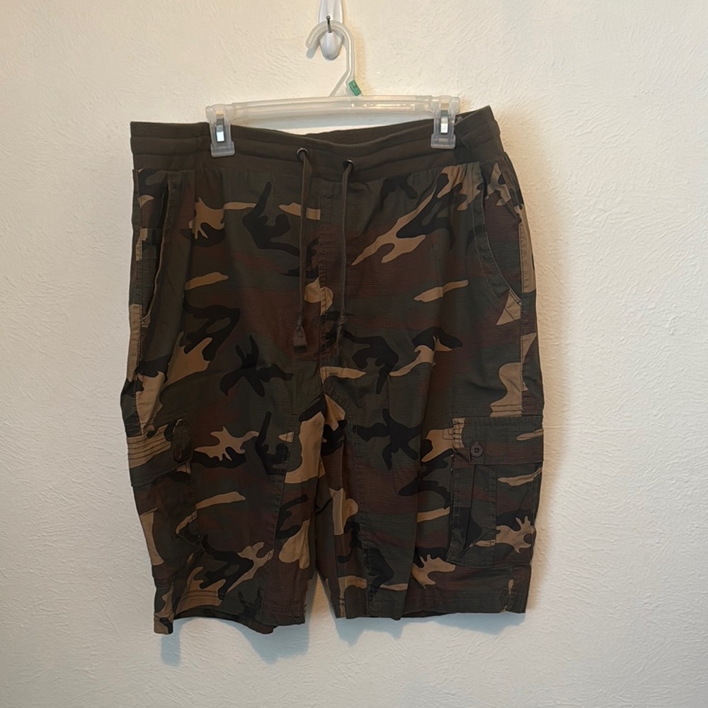 Green and Brown Cargo Shorts with Camouflage Design